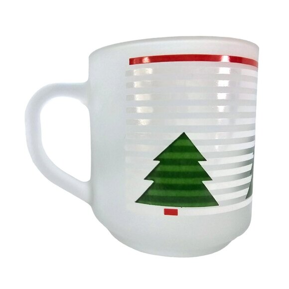 Christmas Tree Frosted Striped Mugs Luminarc Macy's Exclusive Set 4 w/Box 10oz - Picture 6 of 10